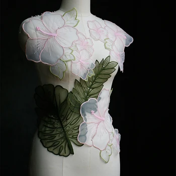 1 Set Exquisite Pink Flower Green Leaf Embroidery Organza csipkeszövet tapasz Diy dekoratív kiegészítők X1083