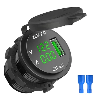 12V / 24V gyorstöltés 3.0 autó szivargyújtó aljzat USB töltő LED voltmérő ampermérő fekete és zöld