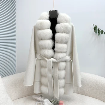 2023 New Lady Girl 100% gyapjú keverék kabátkabát női tweed luxus róka szőrme gallérral meleg kabát JT3402