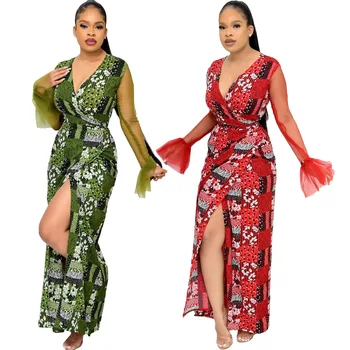 2023Piros zöld poliészter afrikai női ruhák Nyári afrikai hálós fáklya hosszú ujjú V-nyakú parti esti maxi ruha S-2XL