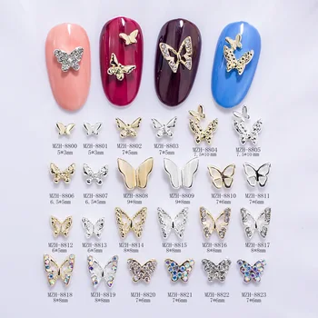 20Pcs Mini üreges pillangó körömművészeti charms 3D fém ezüst / arany gyémánt pillangó körömművészeti dekoráció DIY köröm kiegészítők