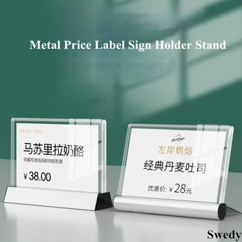 90x55mm Mini asztali akril jeltartó kijelző állvány alumínium alap árcímkével Kártyatartó fotó kép poszter keret