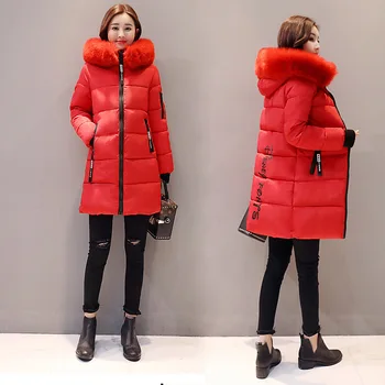 A női divatkabát koreai változata új tél Közepes és hosszú pamutpárnázott kabát nagy gyapjú gallér vastagabb meleg Parkas kabát