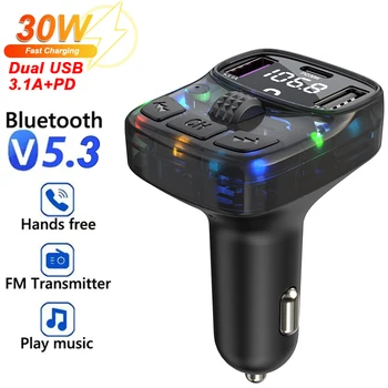Bluetooth 5.3 MP3 lejátszó Autós audio gyorstöltő FM adó Kettős USB 3.1A PD 30W gyorstöltés okostelefon-töltőhöz