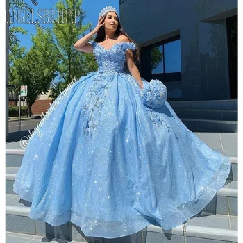 Csillogó világoskék quinceanera ruha virágos csipke gyöngyfűzés formális hercegnő Vestidos de 15 Años születésnapi parti bál