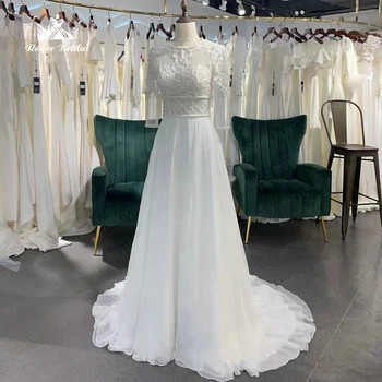 Csipke A vonal O nyak 2023 Esküvői ruhák rátétek Háromnegyed ujjú gyöngyfűző sifon hosszú ruha menyasszonyi ruha Vestido De Noiva
