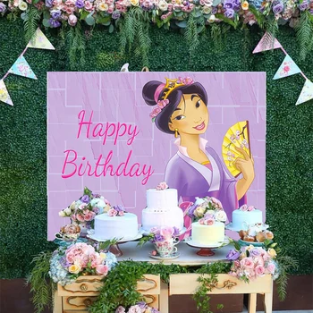 Disney Mulan Custom Purple Backdrop Girls Princess Baby Happy Birthday Party Cartoon Decoration Photography Backgrounds Banner