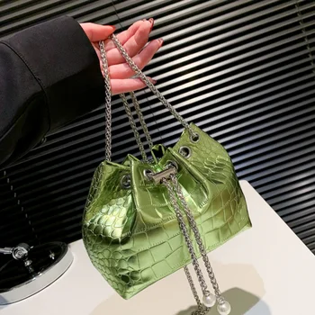 Divat női kőmintás bőr mini vödör táskák estélyi tengelykapcsoló lánc crossbody táska Luxus tervező zöld arany báli kézitáskák