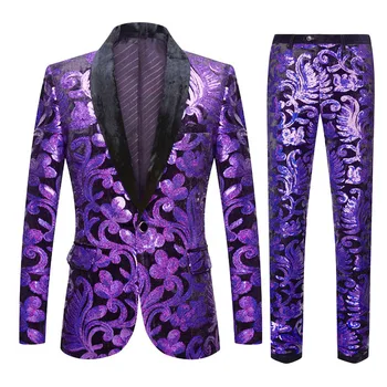 Elegáns lila flitterek Virágmintás kétrészes öltönyök (Blazer+nadrág) Fényes éjszakai klub szmokingi öltöny férfi színpadi énekes jelmez Homme