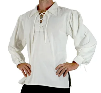 Felnőtt férfiak Középkori reneszánsz vőlegények Kalóz tunika felső larp jelmez Fűzős ing Középkorú viking Cosplay hosszú ujjú ing
