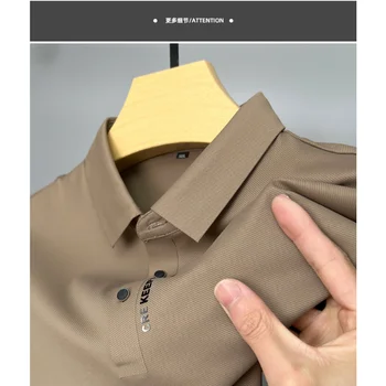 Férfi csúcskategóriás nyári varrat nélküli jégselyem Kiváló minőségű hajtókás póló Egyszínű rövid ujjú márka mintás Fashion Casual M-4XL