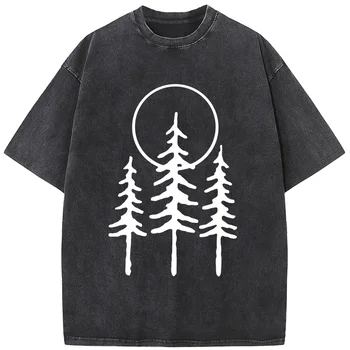 Férfi fenyőerdő nyomatú kiváló minőségű póló 230 gramm kiváló minőségű mosott régi póló Unisex lélegző alkalmi pólók