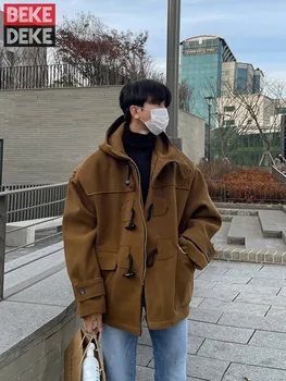 Férfi gyapjúkeverék kabát Főiskolai stílustervező Kürt csat kapucnis alkalmi kabát Koreai stílusú laza divat férfi felsőruházati dzsekik