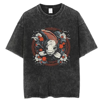 Férfi és női Koi hal mintás póló Hip-hop utcai ruházat Harajuku Y2K vintage pamut divat rövid ujjú póló