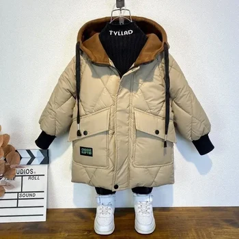 Gyermek parkas fiúk téli meleg kabátok Tini divat Vastagabb kapucnis kabátok Gyerekek téli kültéri kabát Baby Parka új 9 12 év