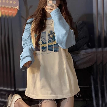 Harajuku tiszta pamut hosszú ujjú póló női Y2k vintage esztétikus felsők Grunge Őszi gótikus póló Streetwear Koreai pólók