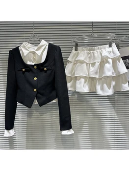 HIGH STREET Legújabb 2023-as tervezői kifutóruha szett női fém csat rövid kabát szatén ing torta szoknya háromrészes szett