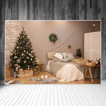 Karácsony hálószoba Belső hátterek Fényképezés Dekoráció String Lights Ajándékok Fa jelenet jel Gyermekek Photozone hátterek