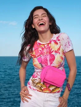 Külkereskedelem eredeti kislemez spanyol női póló nyomtatott vékony szál rugalmas legénynyakú pulóver rövid ujjú