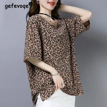 Leopard Print O nyakú rövid ujjú streetwear BF stílus túlméretezett póló póló női nyári alkalmi tunika felső női ruházat 2023