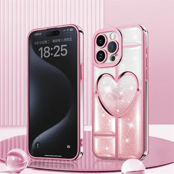 Luxus bevonat Bling Glitter 6D szerelmi szív telefontok iPhone 15 Pro Max 11 13 12 14 Pro készülékhez Ragyogó kameravédelem hátlap