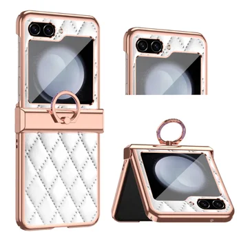 Luxus bőr gyémántrácsos fém ujjgyűrűs telefontok Samsung Galax Z Flip5 Flip4 kemény bevonatú lökhárító telefontartó fedél