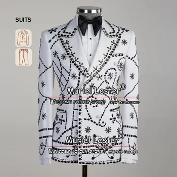 Luxus férfi öltönykabátok Slim FIt vőlegény viselet Báli szmokingok Kézzel készített gyöngyfűző dupla mellű blézer szett Hivatalos báli parti ruha