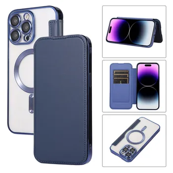 Magsafe bőr kihajtható pénztárca-tok esetén iPhone 14 Plus 12 13 Pro Max kártyanyílásokhoz átlátszó mágneses fedél lencsefilmmel