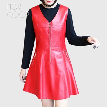 Novmoop sweet style fekete piros V-nyakú ujjatlan báránybőr valódi bőr ruha cipzáras dekorral hiver femme LT2887
