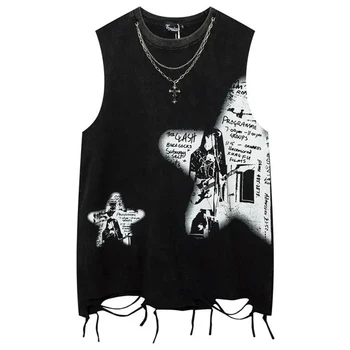 Nyári férfiak mosott ujjatlan póló felső hiphop nyomtatás punk gótikus mellények utcai ruházat haradzsuku pamut tartály felsők Y2k rojtos vintage