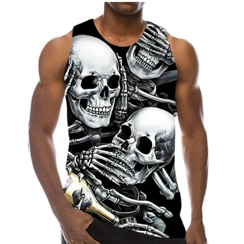 Nyári tank felső férfiaknak 3D nyomtatás Csontvázterror Koponya ujjatlan minta felsők Grafikus mellény Hip Hop Streetwear Dailygym ruhák