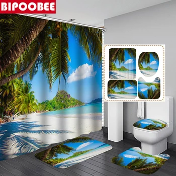 Nyári tengerparti vakáció 3D nyomtatás zuhanyfüggöny tengerparti táj kókuszfa Fürdőszoba függönyök fürdőszőnyeg WC-huzat csúszásmentes szőnyegek