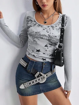 Női gótikus felsők Retro Star mintás hosszú ujjú póló Alkalmi pulóver a Fall Club Streetwear számára Esztétikus ruhák Y2k crop topok