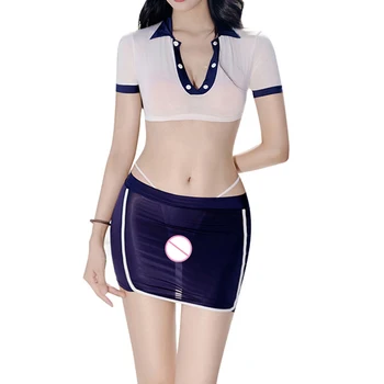 Nők Szexi Bájos Főiskola Pure Uniform Hot Girl rövid ujjú crop topok Szoknya öltöny See Through Temptation fehérnemű ruha
