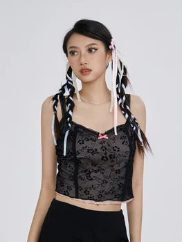 Nők y2k Fairycore Grunge Puszta hálós crop topok Camisole virágmintás nyári spagetti pánt Tank felsők Streetwear Clubwear