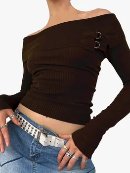 Nők Y2k Vállról levehető pulóver Top Slim Fit hosszú ujjú crop póló Kötött ingek alkalmi bordázott blúz felsők utcai ruházat