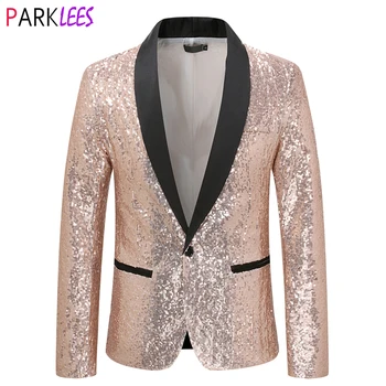 Pink Sequin Glitter Tuxedo Blazer Jacket Men Brand One Button Shawl Collar Shiny Blazers Wedding Party Satge ruhák énekeseknek