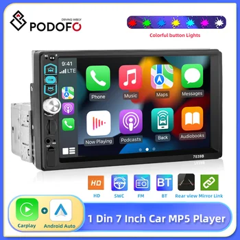 Podofo CarPlay MP5 autórádió 1 Din 7'' Android Auto Mirror-Link multimédia lejátszó Audio sztereó visszapillantó kamera Autó DVR USB TF