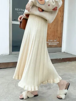 Puha A-vonalú pulóver szoknyák Női divat egyszínű rugalmas magas derékhullámok szoknya Új tavasz ősz középhosszú Faldas Új P593