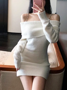 Pure Color elegáns kötött ruha női bodycon slim Y2k mini ruha alkalmi parti koreai divat hosszú ujjú ruha 2022 tél