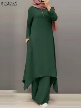 Ramadán Outfit 2 részes készlet Turkey Dubai Abaya öltöny ZANZEA Muszlim blúz Abayas nőknek Hosszú ujjú ing Széles szárú nadrág Táskás