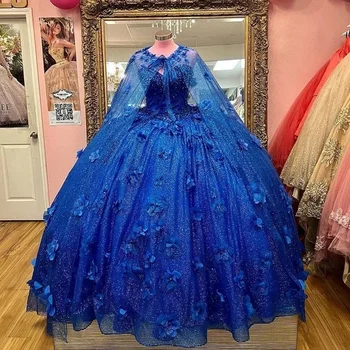 Royal Blue Beading 2024 Quinceanera ruhák 3D virágos rátéttel Cape Brithday Dance Party Vestidos De Quinceañera