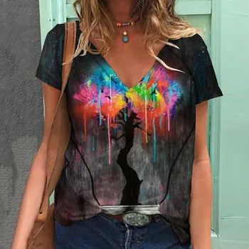 Summer Casual V-nyakú póló Női graffiti mintás ing felső laza vintage női utcai viselet Y2K rövid ujjú ruhák