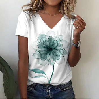 Summer Women rövid ujjú V-nyakú laza póló nőknek White Fashion női póló 3D Centered Flowe Print Top alkalmi ruhák