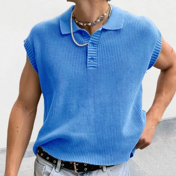 Szabadidő tömör kötőfelsők 2024 nyári lehajtható galléros kötött mellény pólóingek férfi divat ujjatlan gombos pulóver uniszex