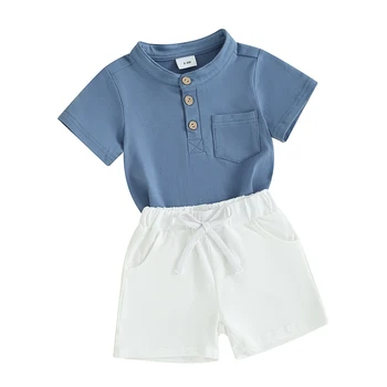 Toddler Boy nyári ruhák egyszínű rövid ujjú Henley póló rugalmas deréknadrággal 2db ruha