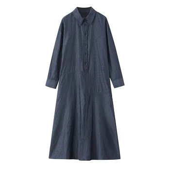 TRAF női alkalmi vászon ingruha vintage hajtóka hosszú ujjú midi ruha laza túlméretezett hosszú ruhák 2023 őszi nő vestidos