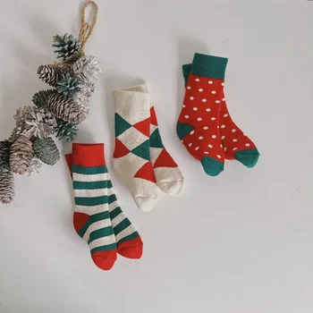 Téli új karácsonyi stílus Vízszintes csíkos pöttyös gyermek zokni gyapjú sűrített divat gyermek lélegző pamut zokni
