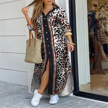 Vestidos Fashion Női hosszú köntös Őszi vintage hosszú ujjú Maxi ingruha 2023 alkalmi leopárdmintás női ruhák