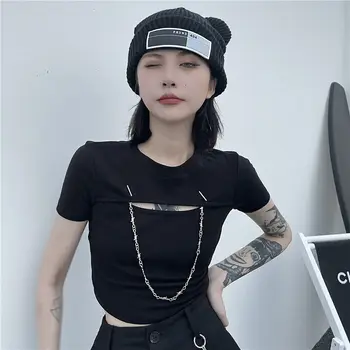 Vintage pólók női crop top lánccal Nyári High Street szexi Y2K felsők Koreai divatstílus Vékony rövid ujjú Új érkezés